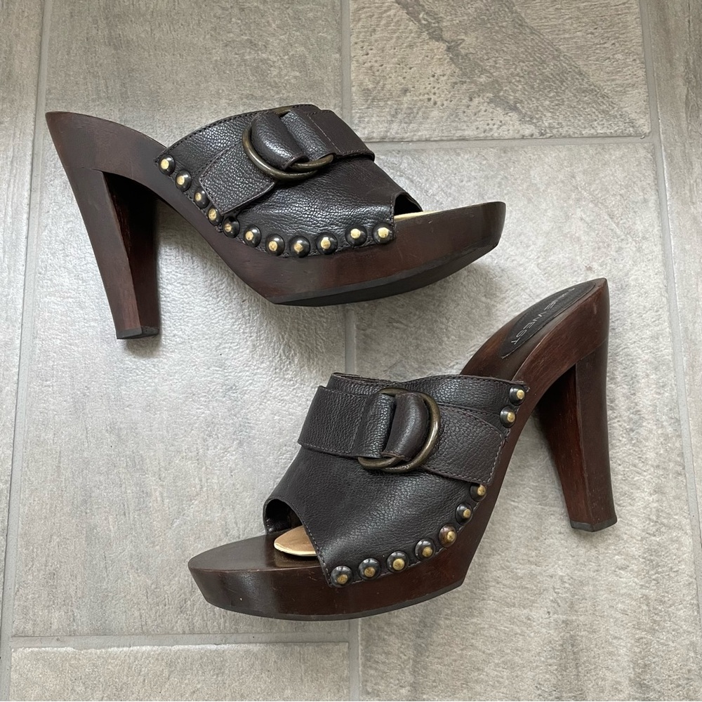 Y2K Nine West Wooden Sandals Heels Size Leather Buckle Size 9 Boho